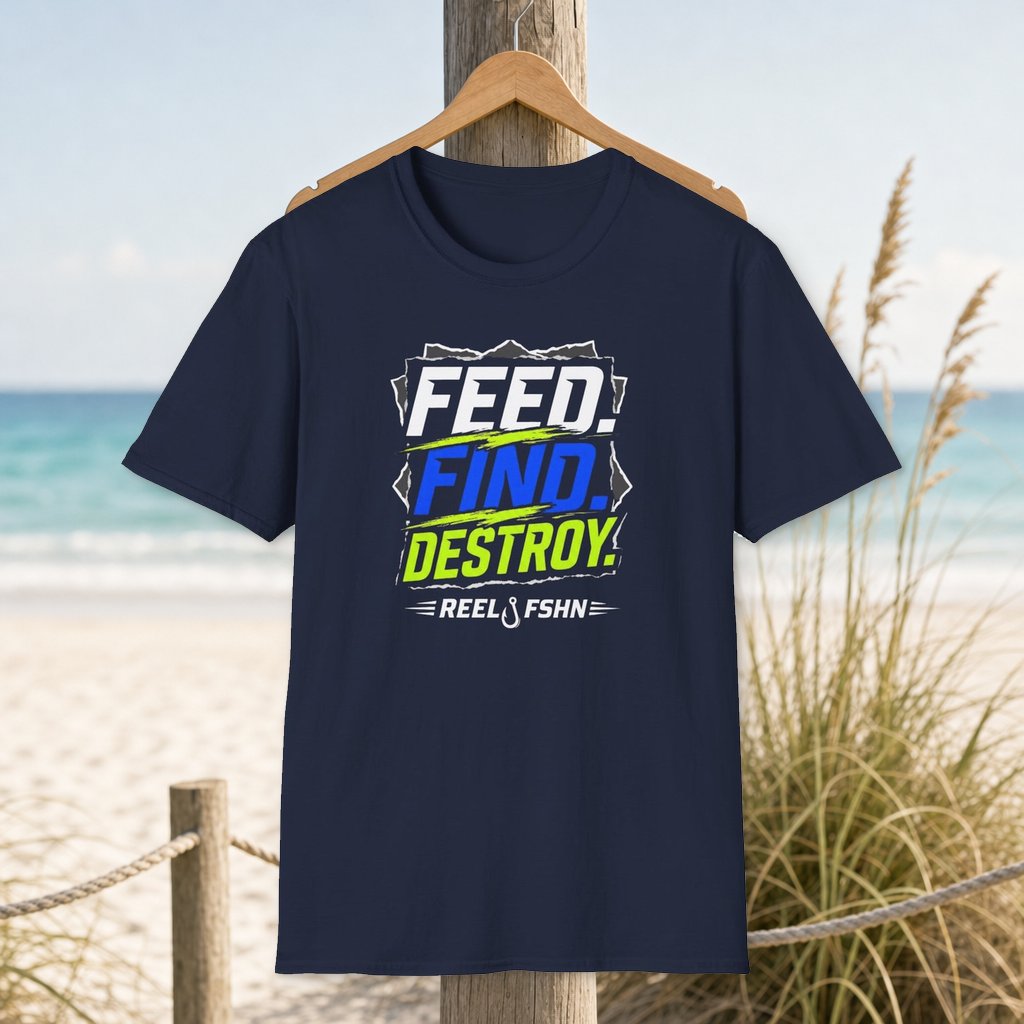 FEED. FIND. DESTROY.  T-Shirt on a hanger beside a sandy beach and turquoise coastal water