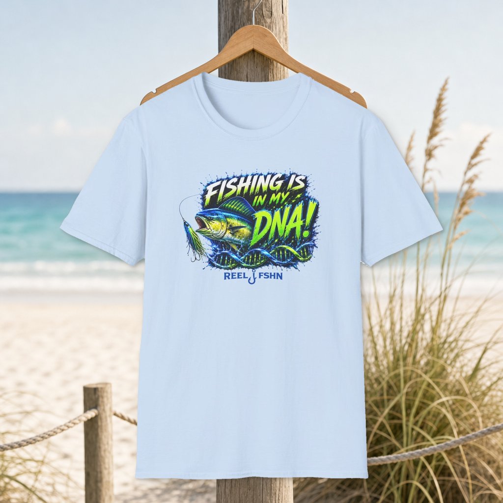 Fishing Is In My DNA  T-Shirt on a hanger beside a sandy beach and turquoise coastal water