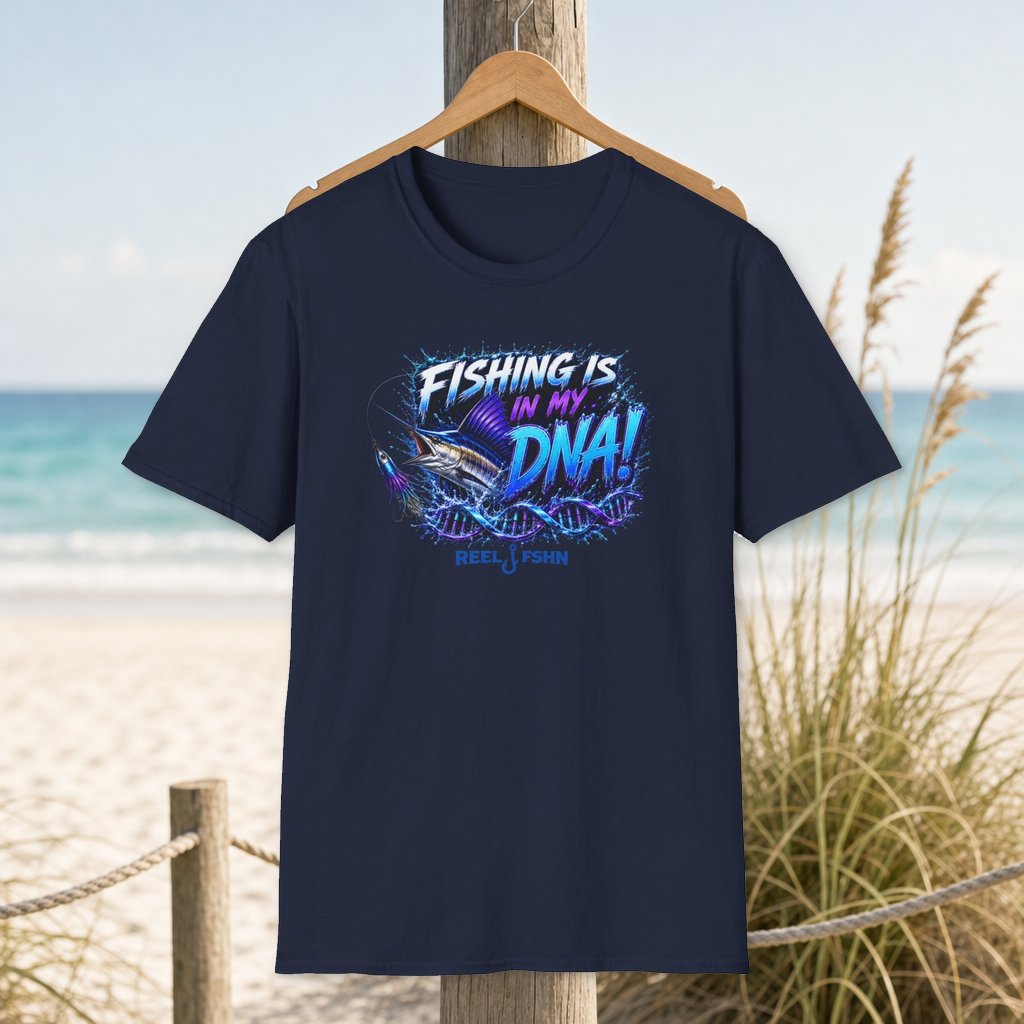 Fishing Is In My DNA with Marlin T-Shirt on a hanger beside a sandy beach and turquoise coastal water