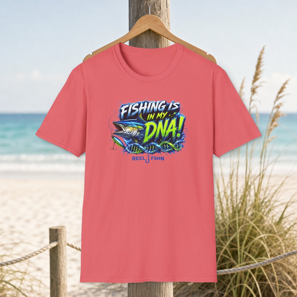 Fishing Is In My DNA with Yellowfin Tuna T-Shirt on a hanger beside a sandy beach and turquoise coastal water