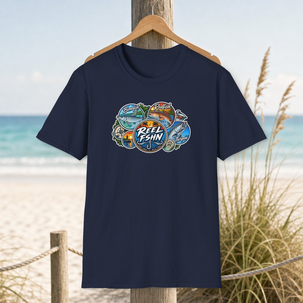 Flats Life Sticker Stack T-Shirt on a hanger beside a sandy beach and turquoise coastal water