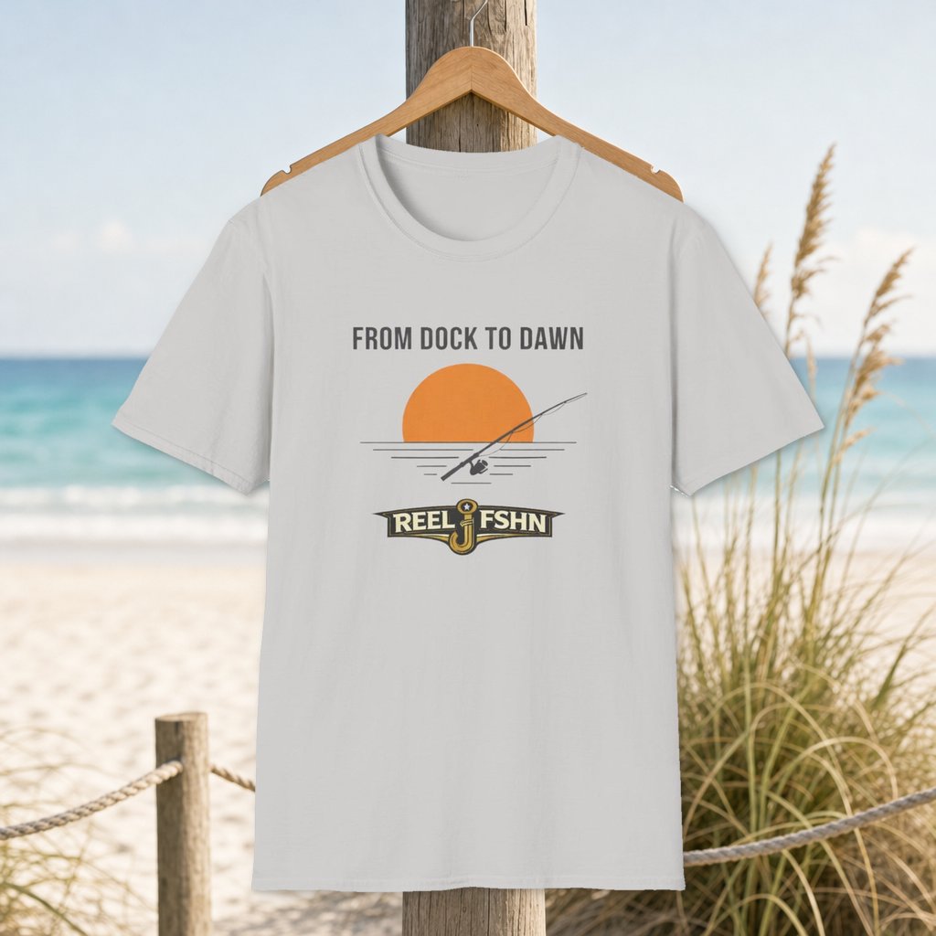 From Dock To Dawn T-Shirt on a hanger beside a sandy beach and turquoise coastal water