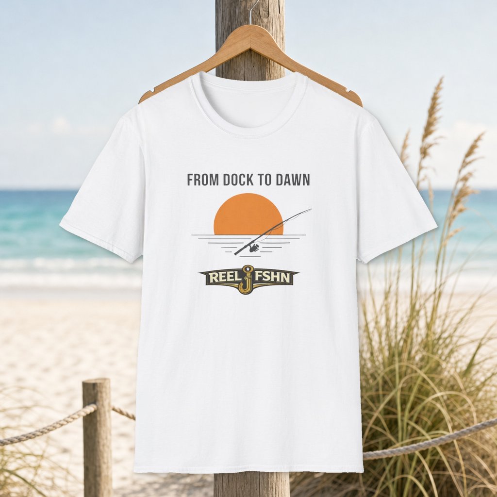 From Dock To Dawn T-Shirt on a hanger beside a sandy beach and turquoise coastal water
