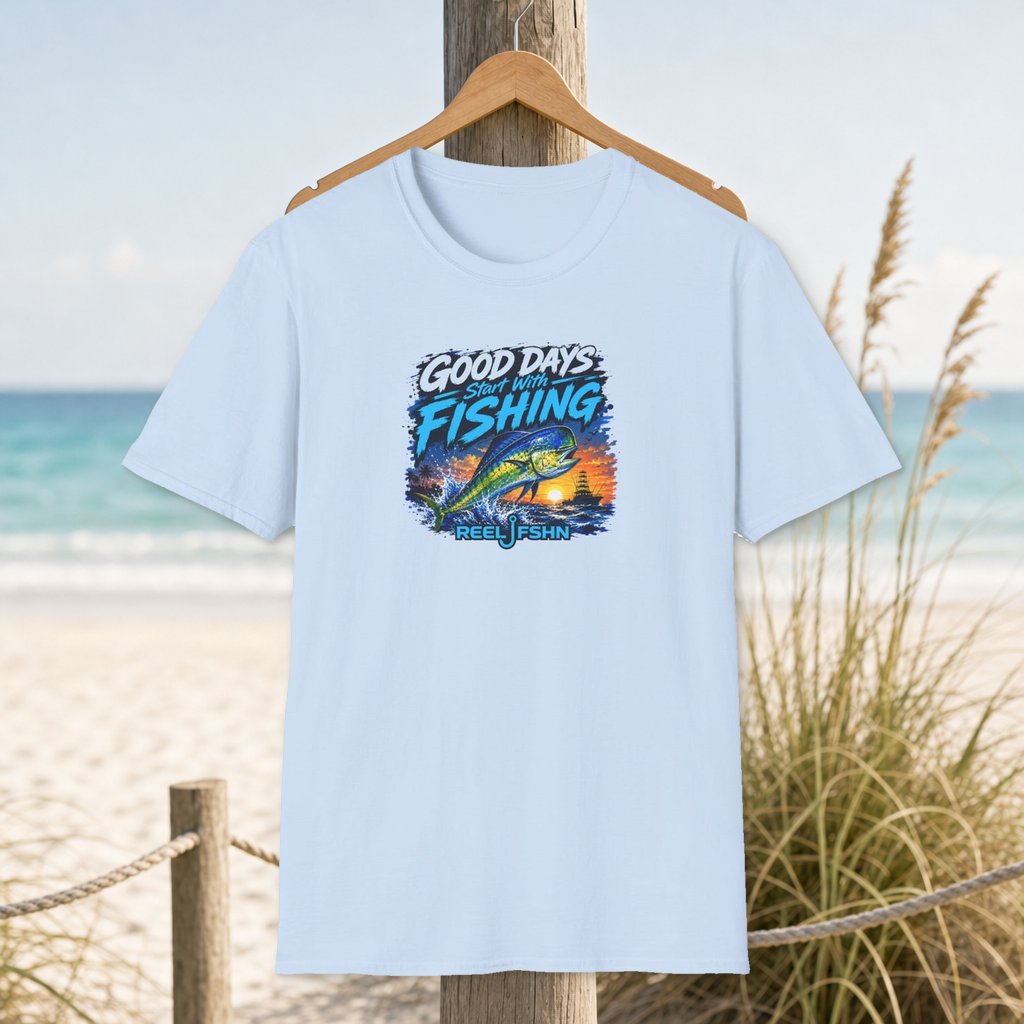 Good Days Start With Fishing T-Shirt on a hanger beside a sandy beach and turquoise coastal water