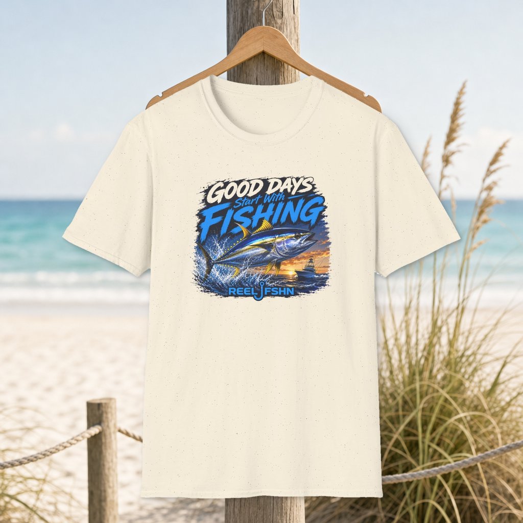 Good Days Start With Fishing Yellowfin Tuna T-Shirt on a hanger beside a sandy beach and turquoise coastal water