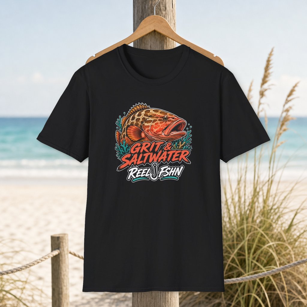 Grit & Grouper T-Shirt on a hanger beside a sandy beach and turquoise coastal water