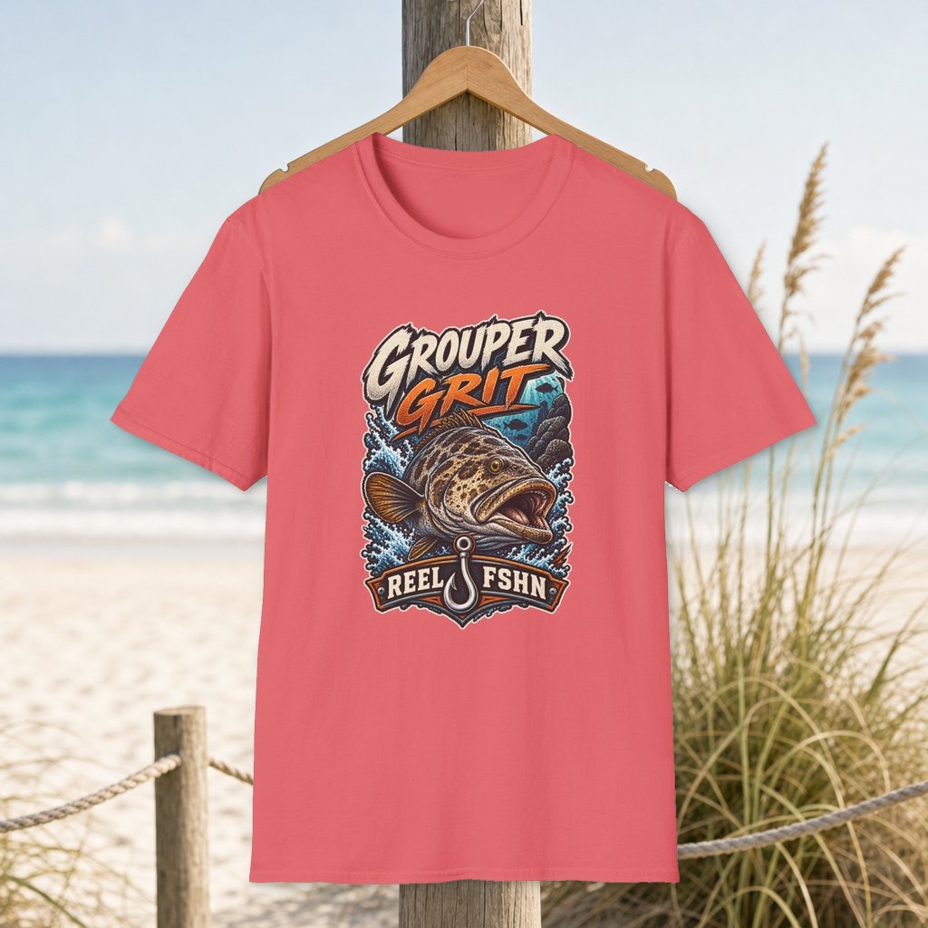 Grouper Grit T-Shirt on a hanger beside a sandy beach and turquoise coastal water