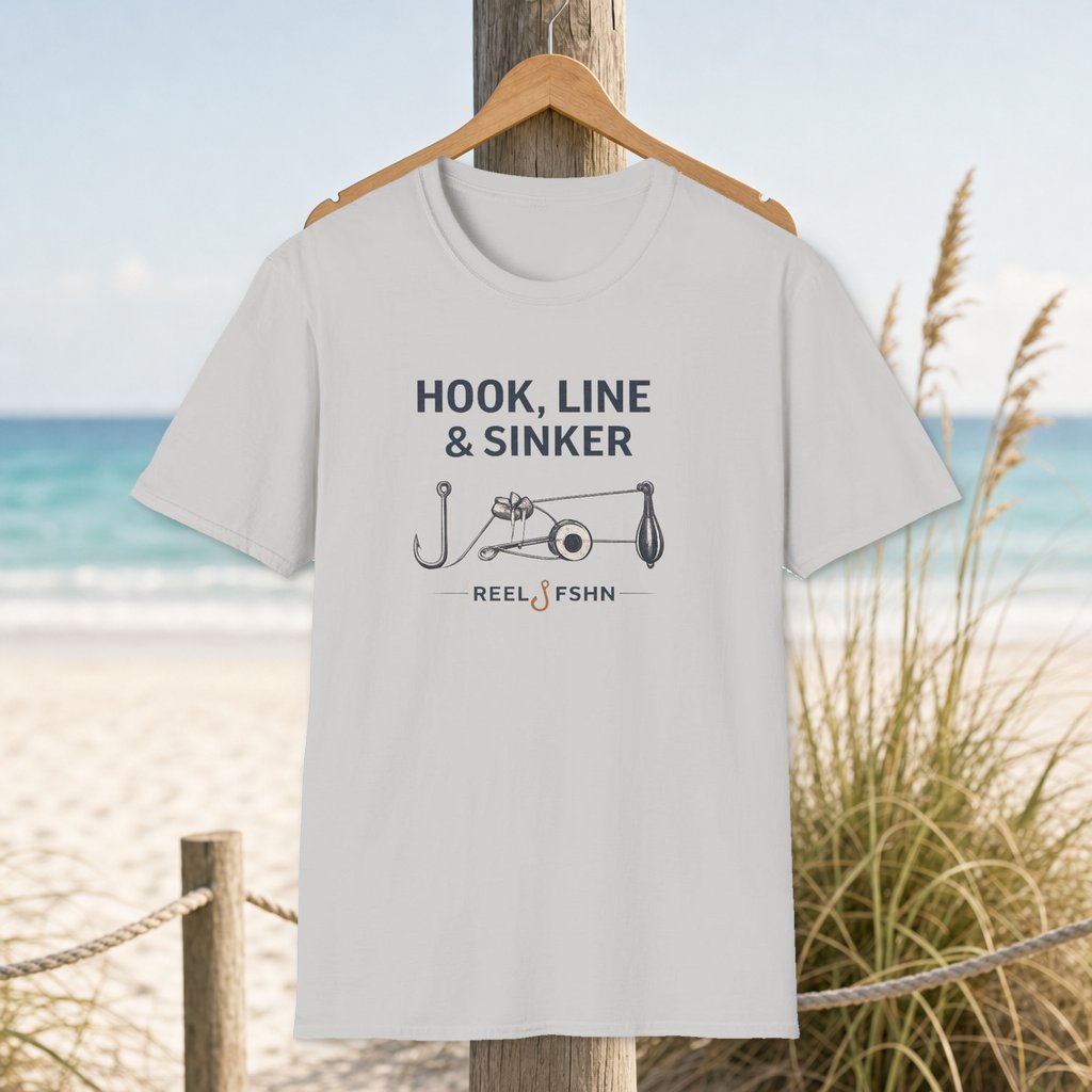 Hook Line and Sinker T-Shirt on a hanger beside a sandy beach and turquoise coastal water