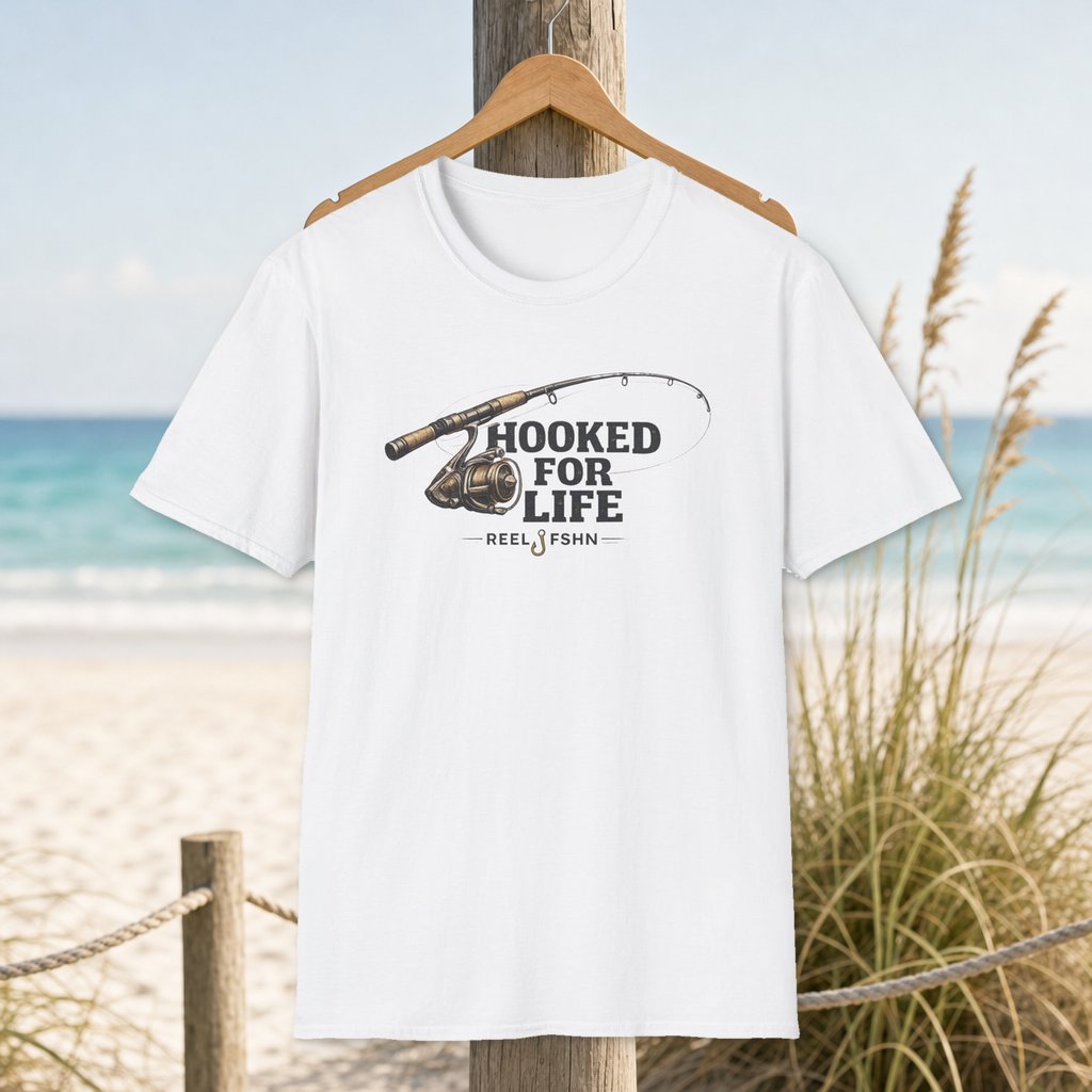 Hooked For Life T-Shirt on a hanger beside a sandy beach and turquoise coastal water