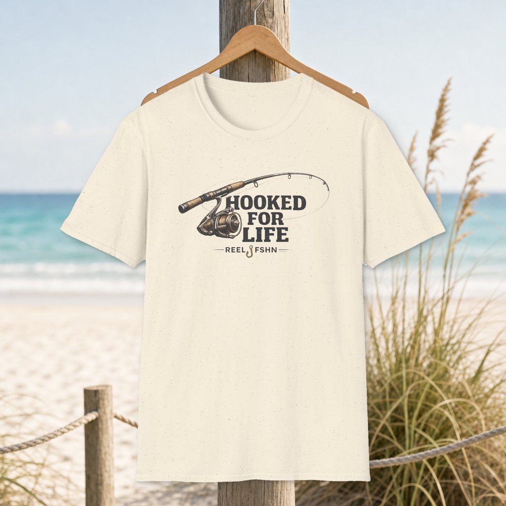 Hooked For Life T-Shirt on a hanger beside a sandy beach and turquoise coastal water