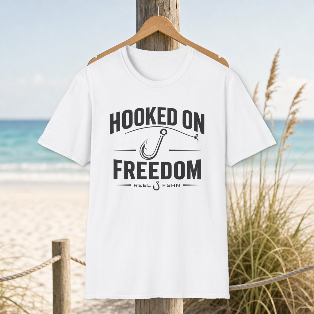 Hooked On Freedom  T-Shirt on a hanger beside a sandy beach and turquoise coastal water