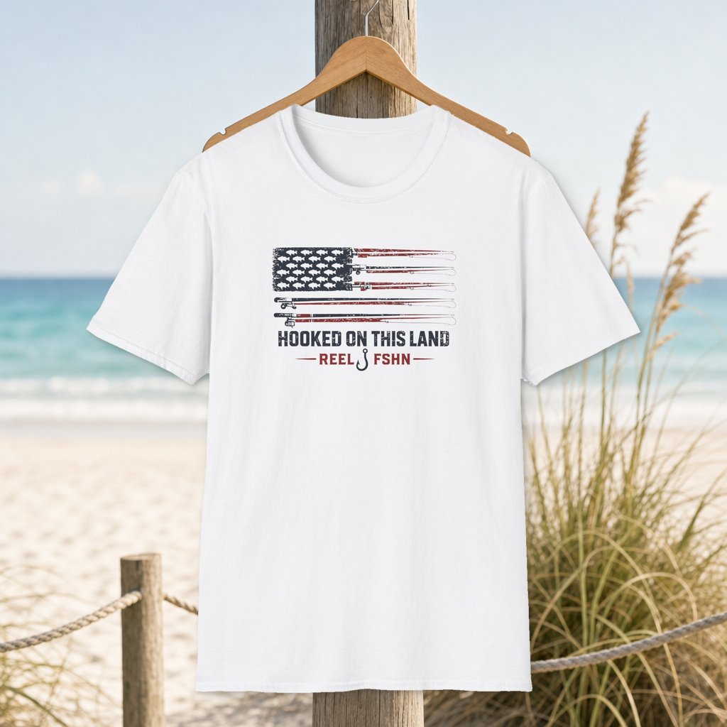 Hooked On This Land  T-Shirt on a hanger beside a sandy beach and turquoise coastal water