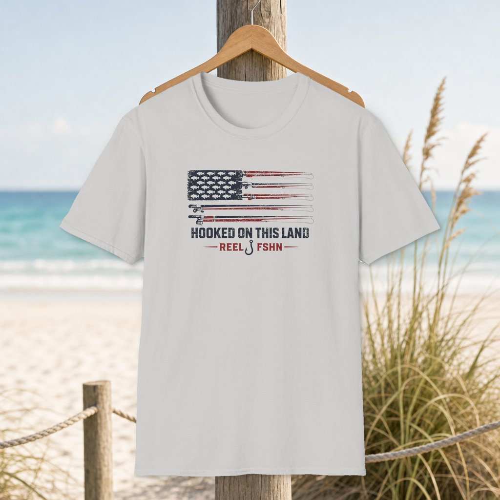 Hooked On This Land  T-Shirt on a hanger beside a sandy beach and turquoise coastal water