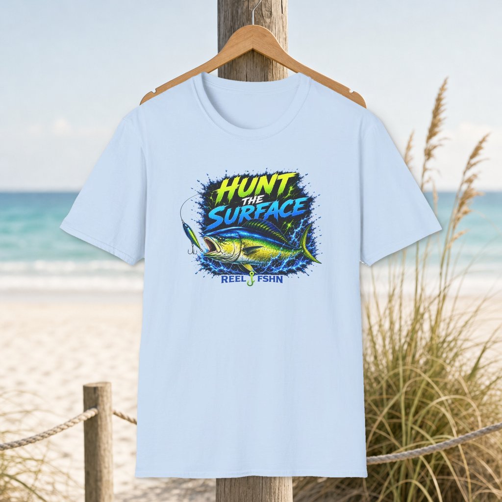 Hunt The Surface T-Shirt on a hanger beside a sandy beach and turquoise coastal water
