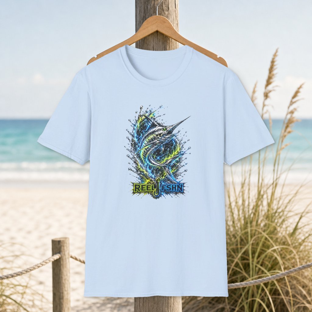 Liquid Chrome Marlin T-Shirt on a hanger beside a sandy beach and turquoise coastal water