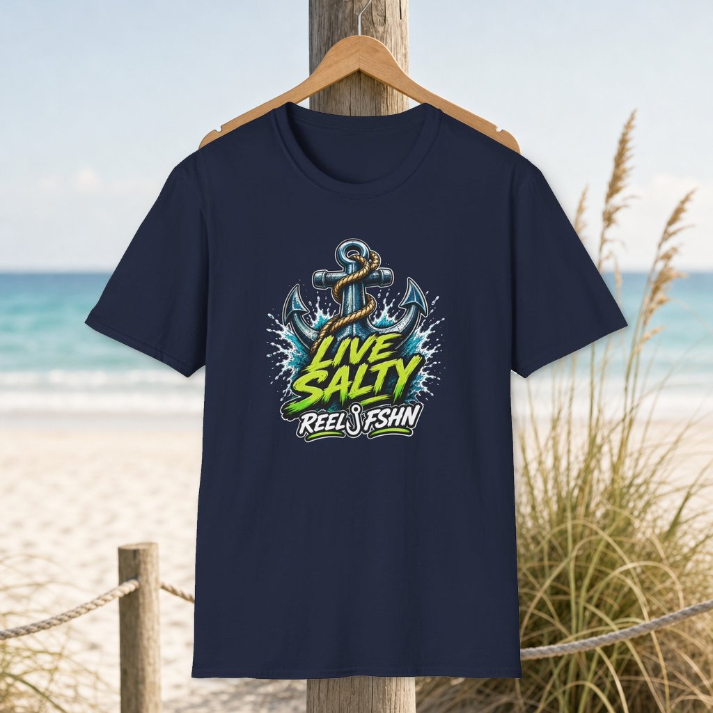 Live Salty T-Shirt on a hanger beside a sandy beach and turquoise coastal water