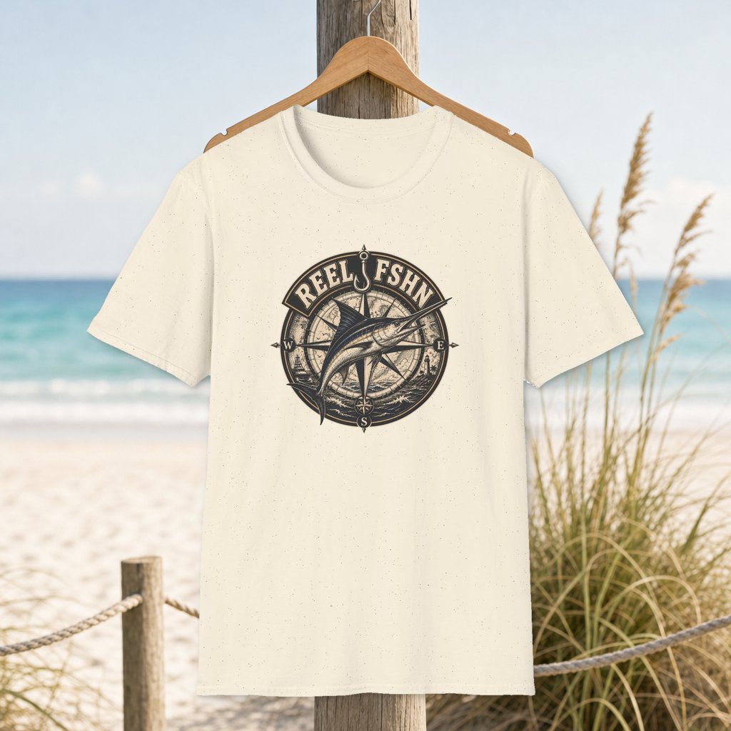 Marlin Compass T-Shirt on a hanger beside a sandy beach and turquoise coastal water