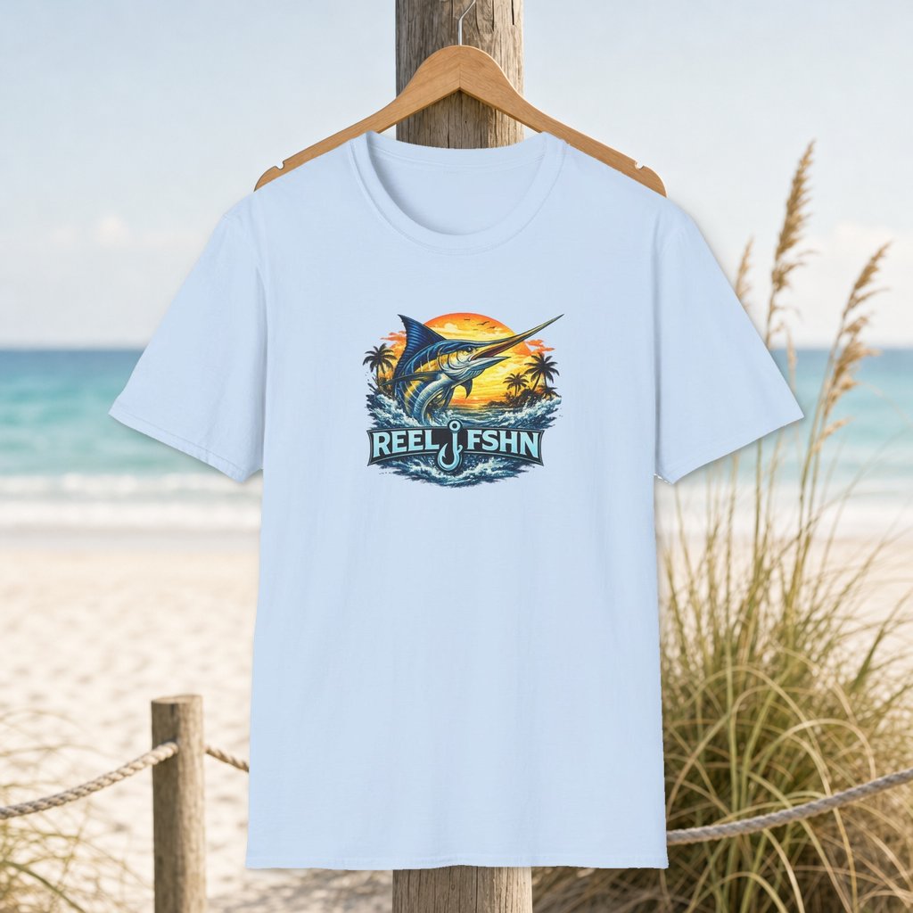Marlin with REEL FSHN Logo T-Shirt on a hanger beside a sandy beach and turquoise coastal water