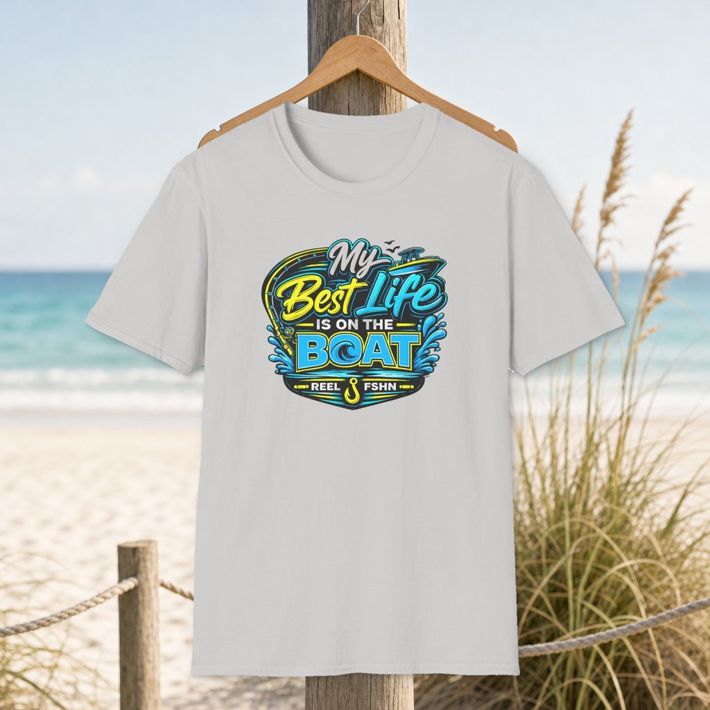 My Best Life Is On The Boat T-Shirt on a hanger beside a sandy beach and turquoise coastal water