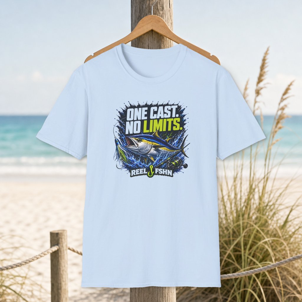 One Cast.  No Limits. T-Shirt on a hanger beside a sandy beach and turquoise coastal water