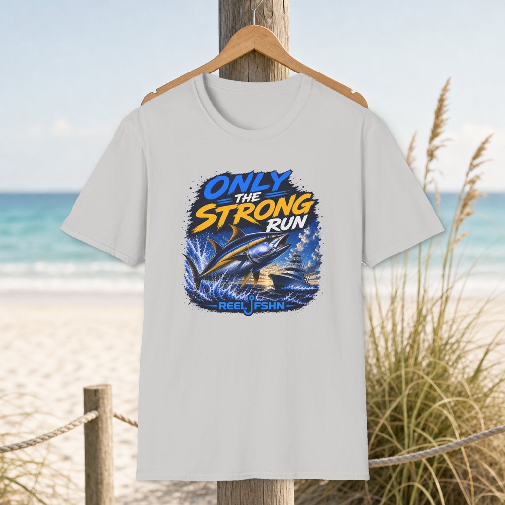 Only The Strong Run T-Shirt on a hanger beside a sandy beach and turquoise coastal water