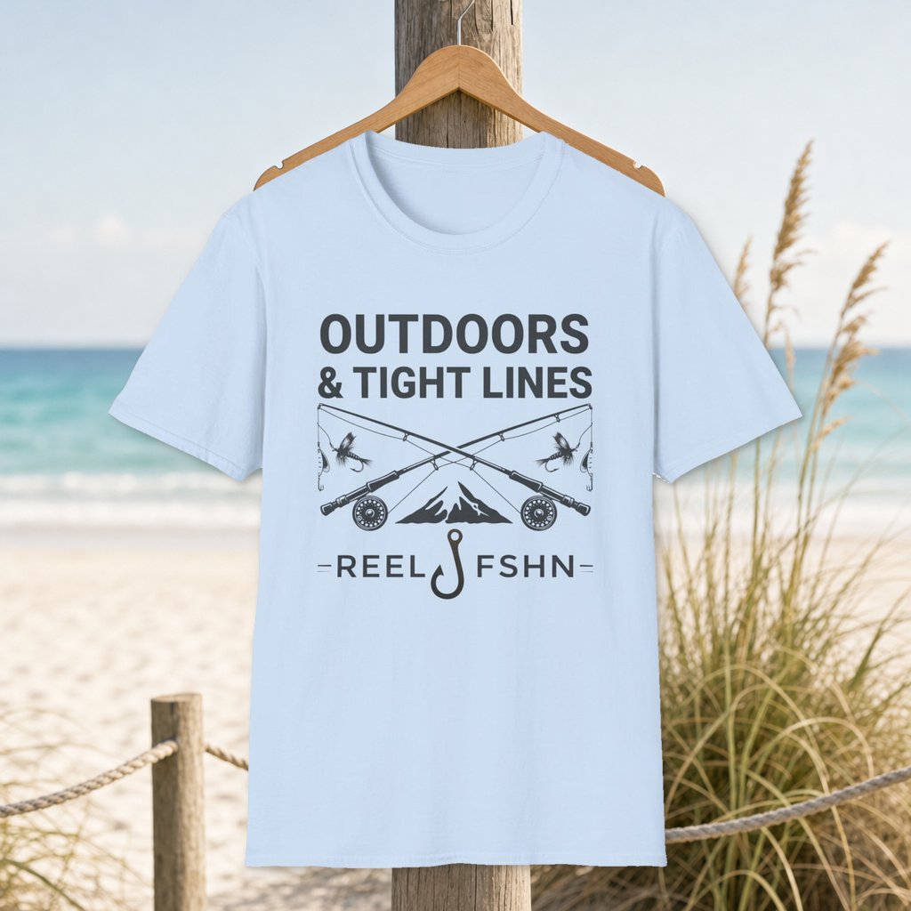 Outdoors and Tight Lines T-Shirt on a hanger beside a sandy beach and turquoise coastal water