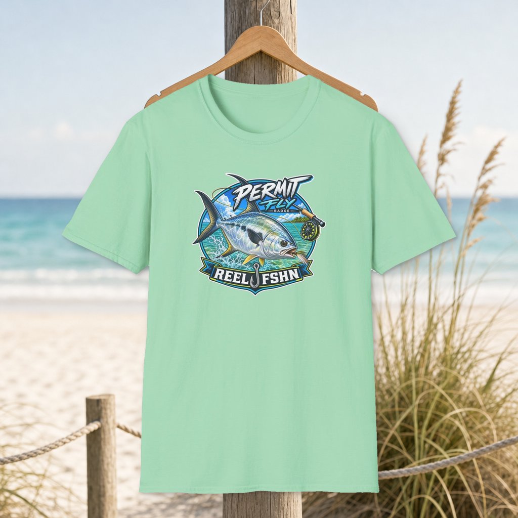 Permit Fly Badge T-Shirt on a hanger beside a sandy beach and turquoise coastal water