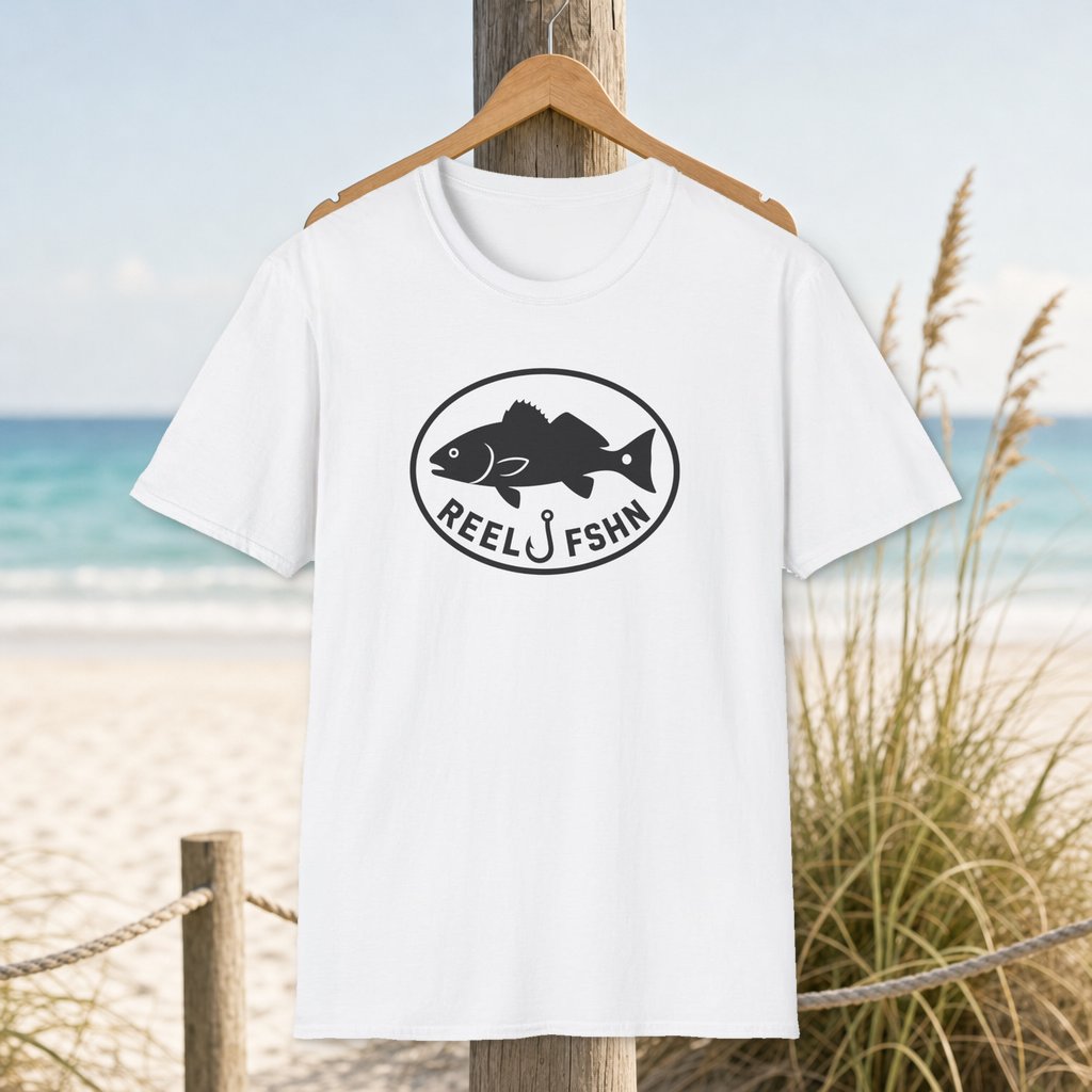 Redfish Oval Badge T-Shirt on a hanger beside a sandy beach and turquoise coastal water