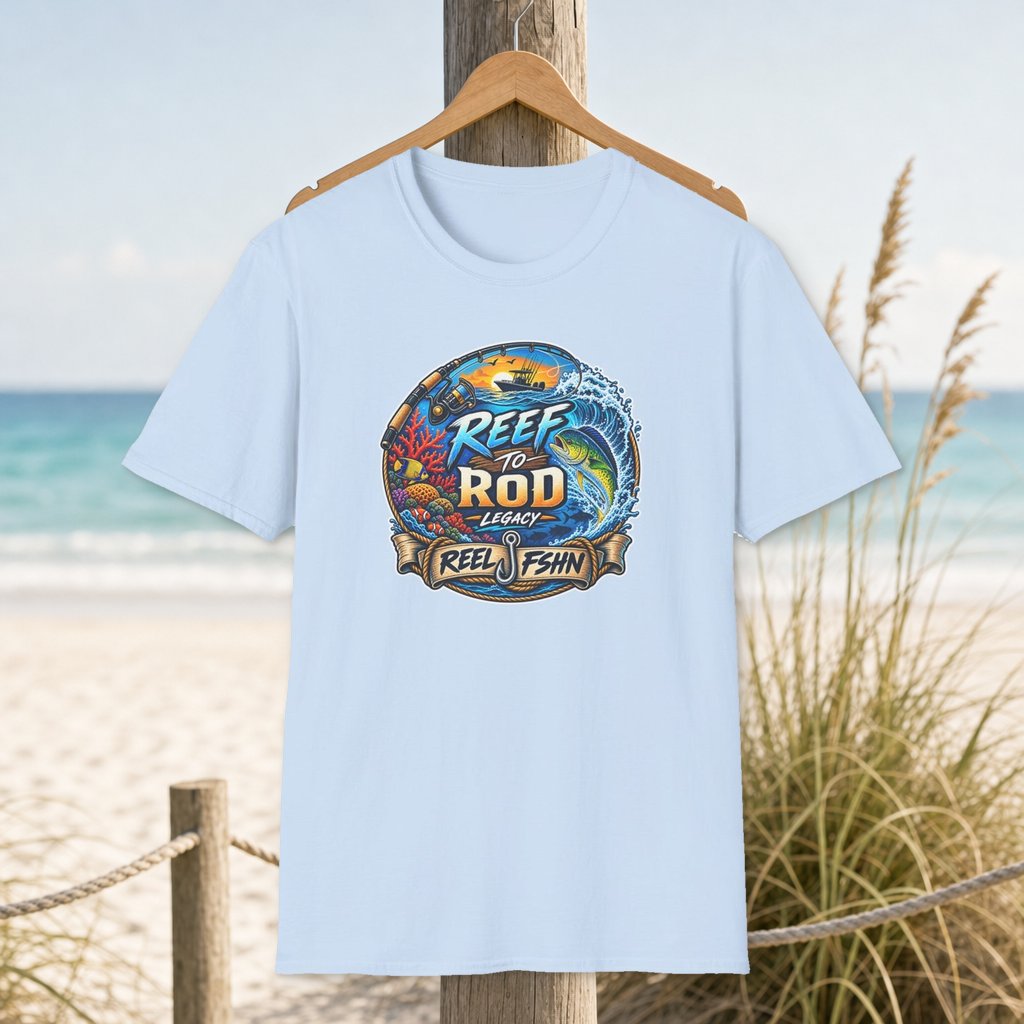 Reef To Rod Legacy T-Shirt on a hanger beside a sandy beach and turquoise coastal water