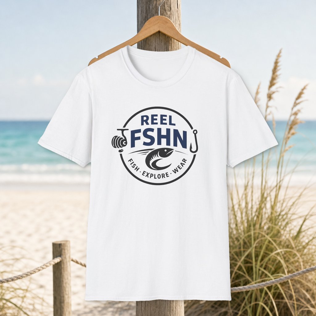 REEL FSHN LOGO T-Shirt on a hanger beside a sandy beach and turquoise coastal water