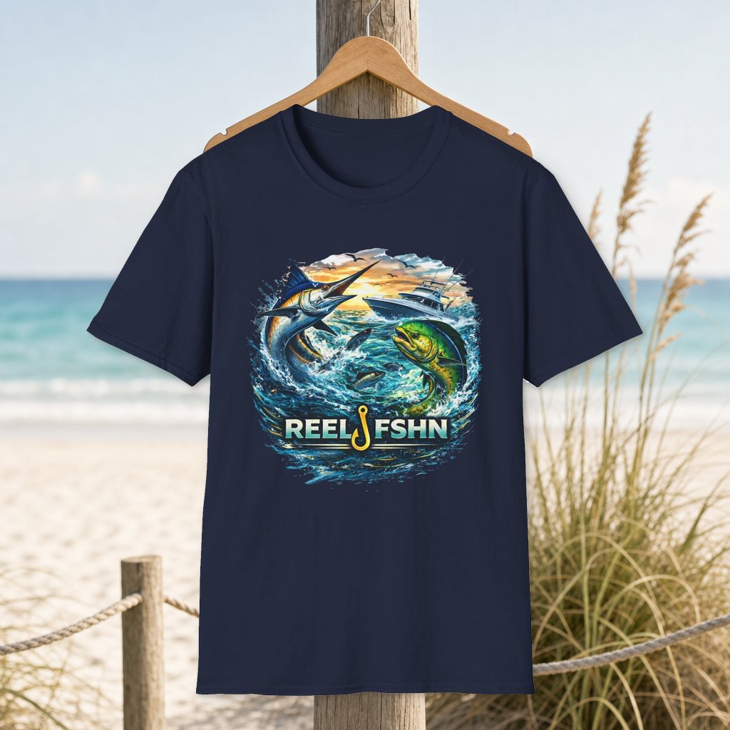Reel FSHN T-Shirt on a hanger beside a sandy beach and turquoise coastal water