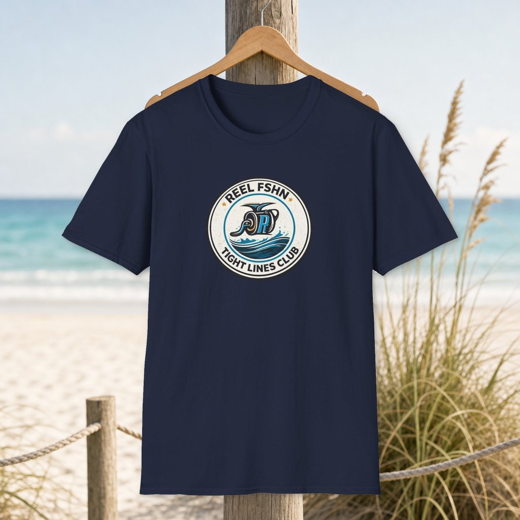 Reel FSHN Tight Lines Club T-Shirt on a hanger beside a sandy beach and turquoise coastal water