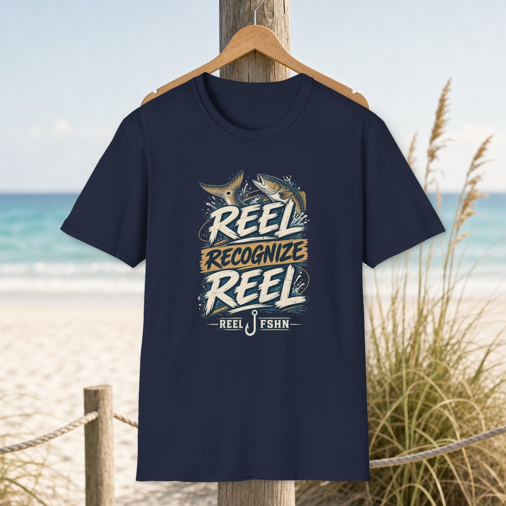 REEL Recognize REEL T-Shirt on a hanger beside a sandy beach and turquoise coastal water