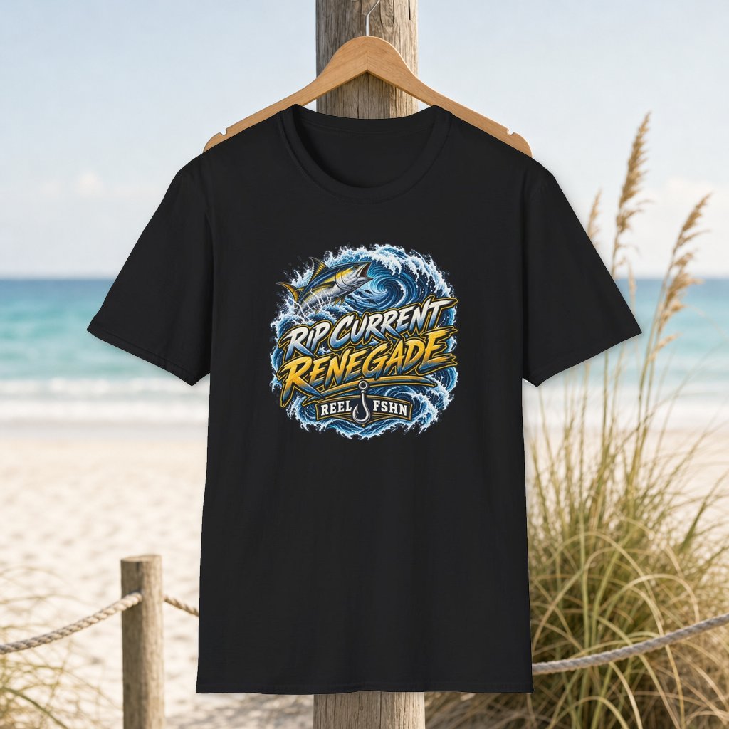 Rip Current Renegade T-Shirt on a hanger beside a sandy beach and turquoise coastal water