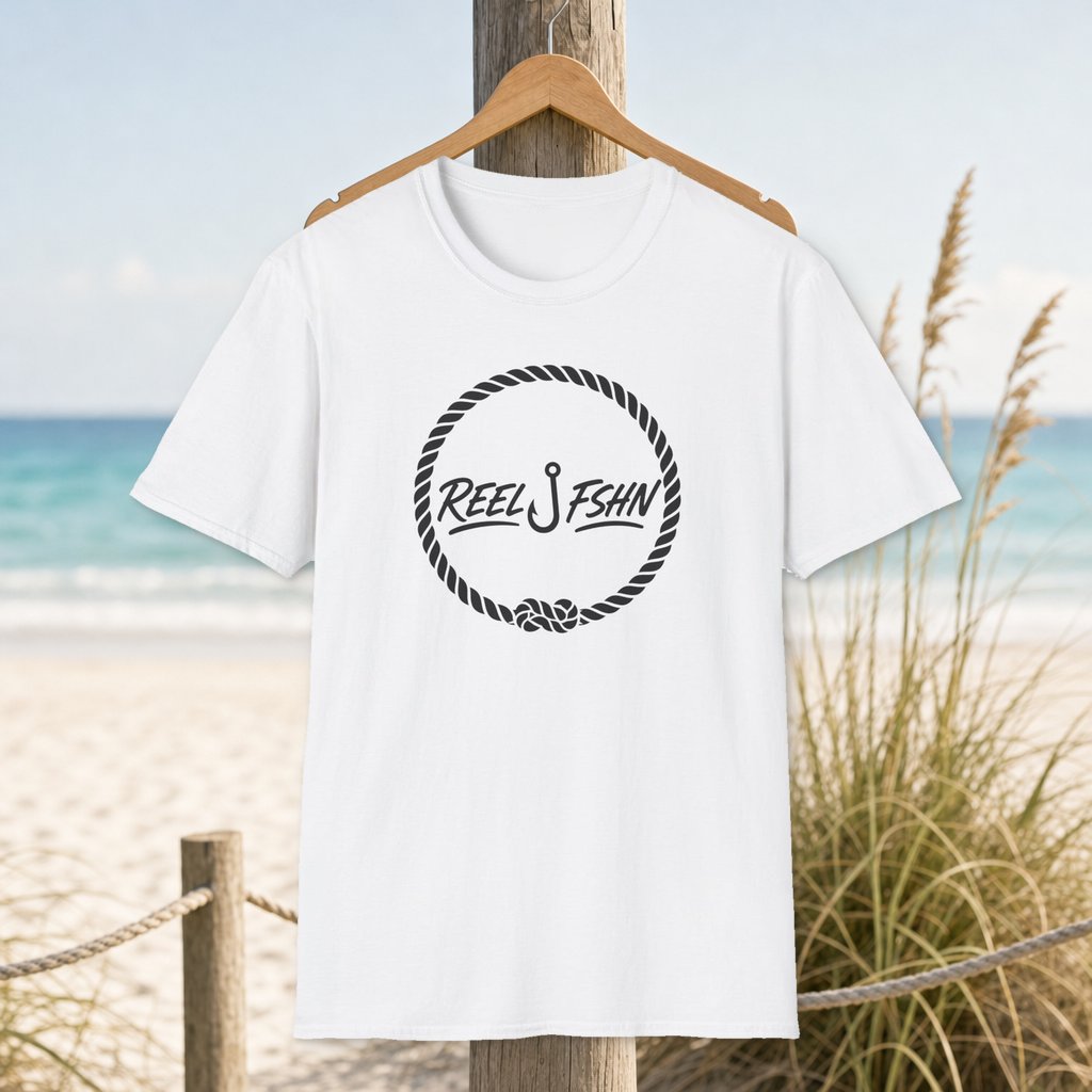 Rope Emblem w Logo T-Shirt on a hanger beside a sandy beach and turquoise coastal water