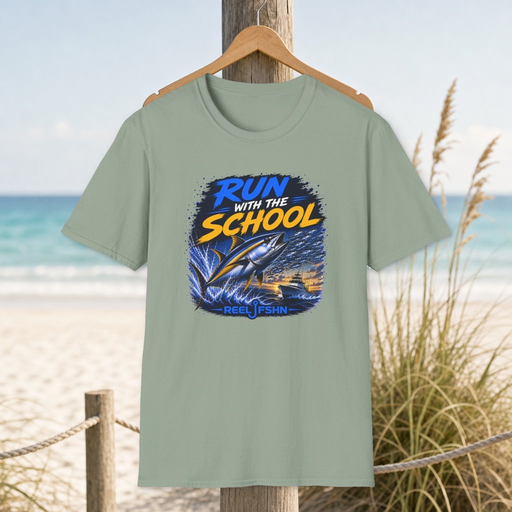 Run With The School T-Shirt on a hanger beside a sandy beach and turquoise coastal water
