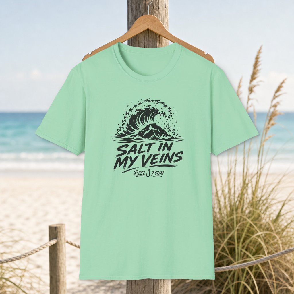 Salt In My Veins T-Shirt on a hanger beside a sandy beach and turquoise coastal water