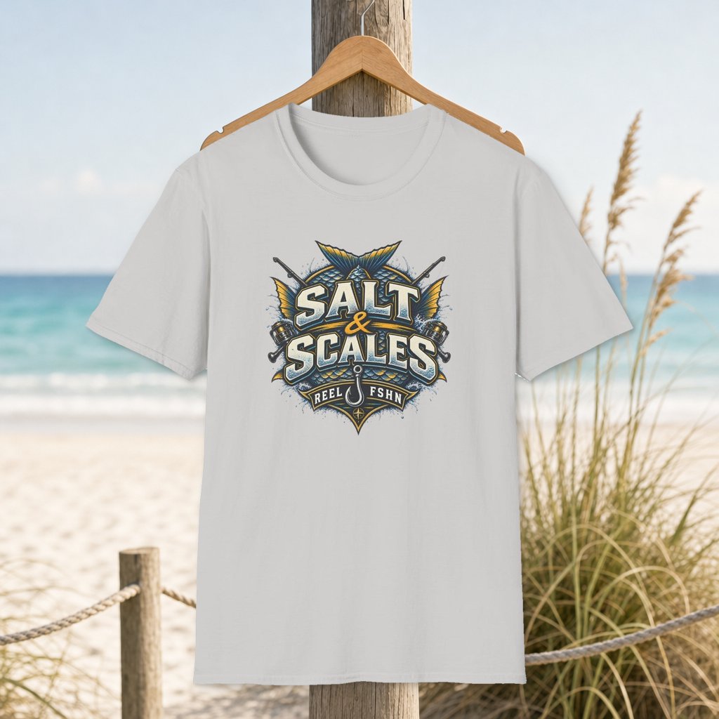 Salt & Scales T-Shirt on a hanger beside a sandy beach and turquoise coastal water