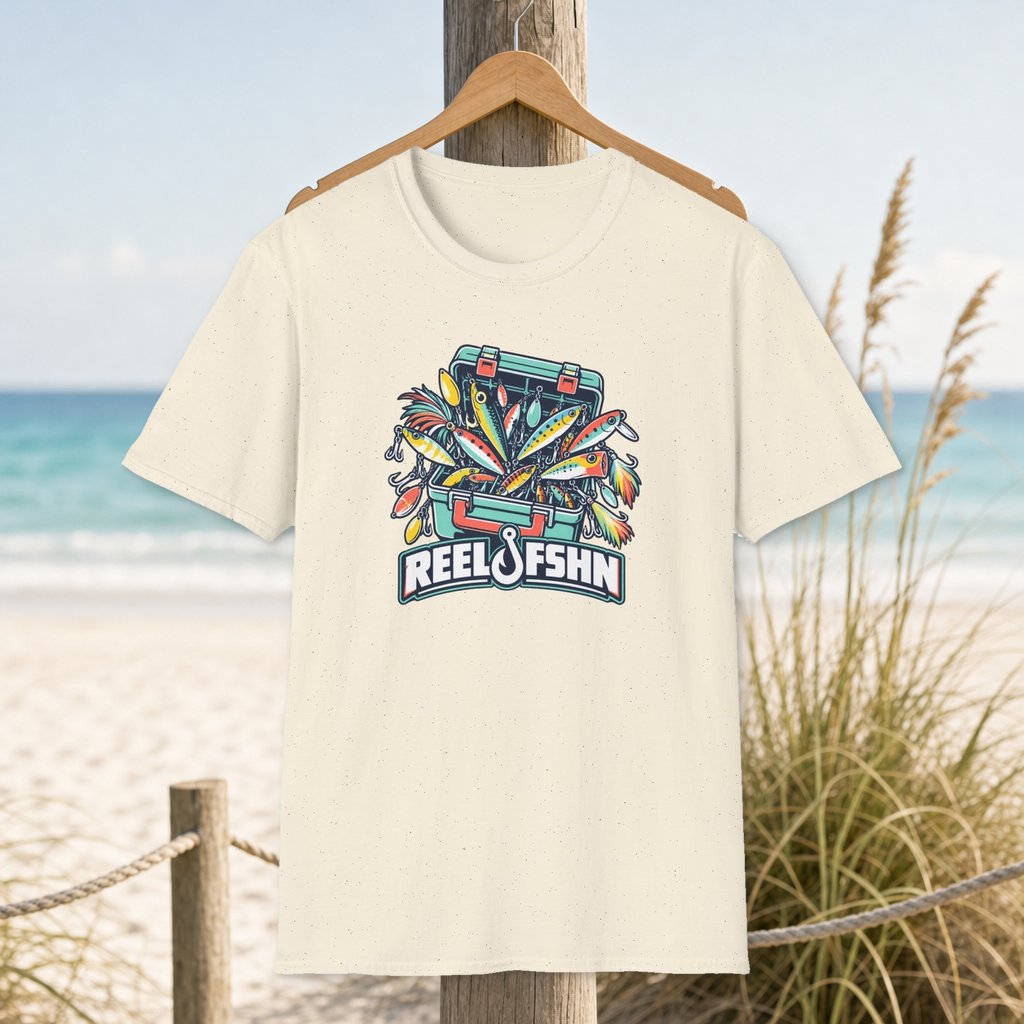 Seafoam Tackle Box T-Shirt on a hanger beside a sandy beach and turquoise coastal water