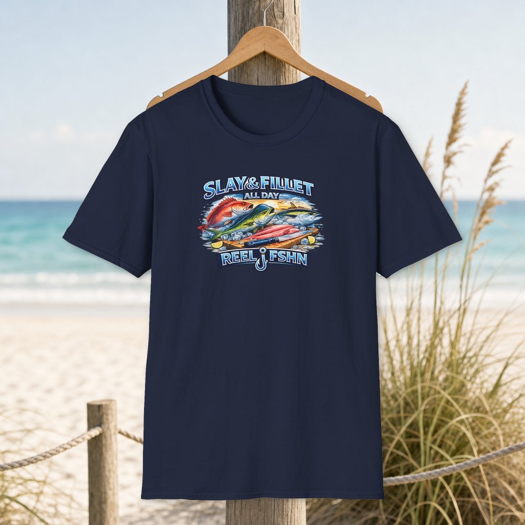 Slay & Fillet All Day T-Shirt on a hanger beside a sandy beach and turquoise coastal water