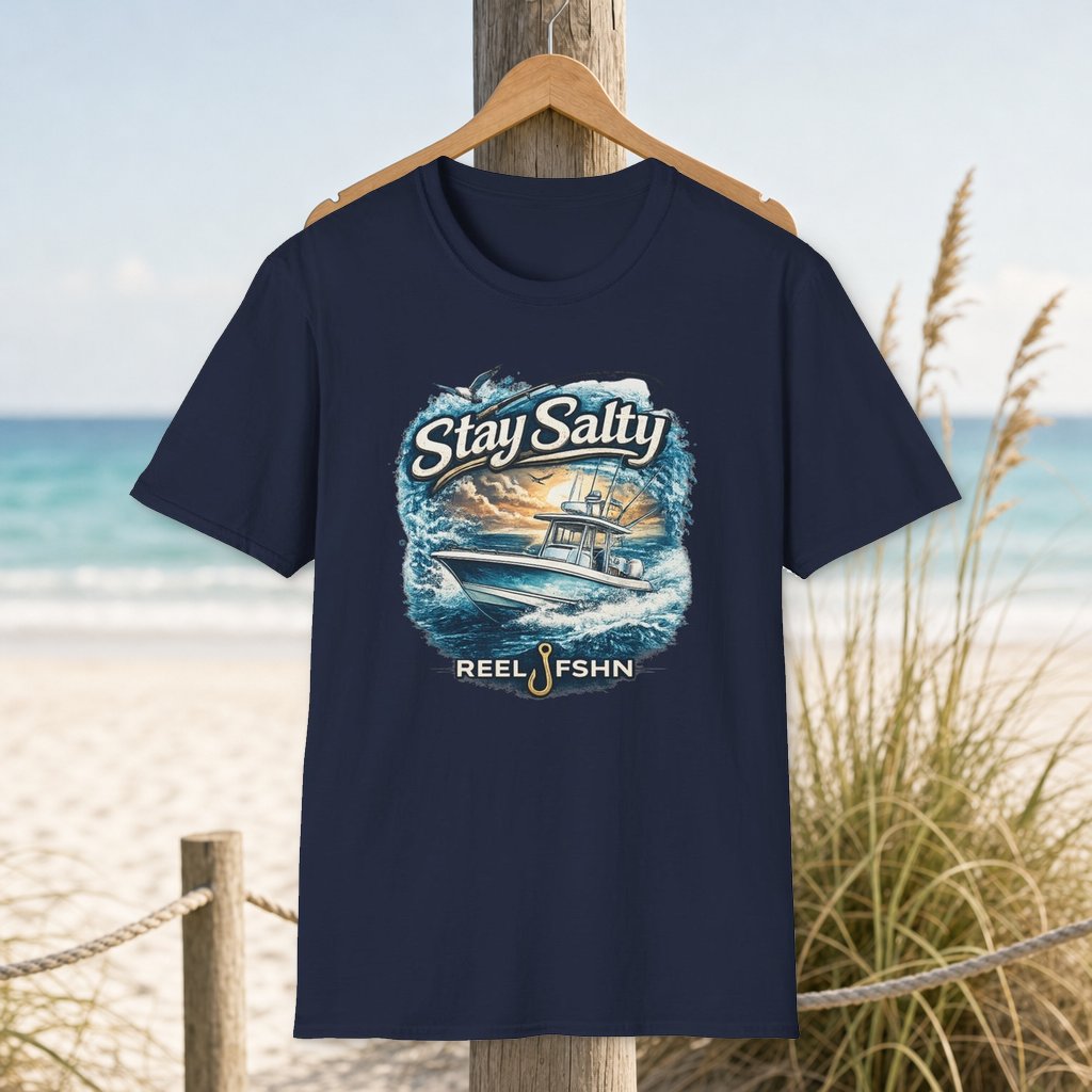 Stay Salty T-Shirt on a hanger beside a sandy beach and turquoise coastal water