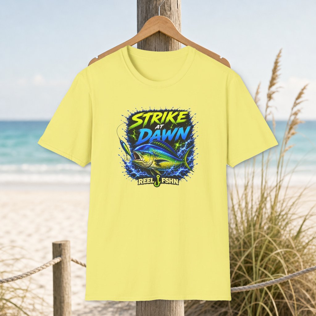 Strike At Dawn T-Shirt on a hanger beside a sandy beach and turquoise coastal water