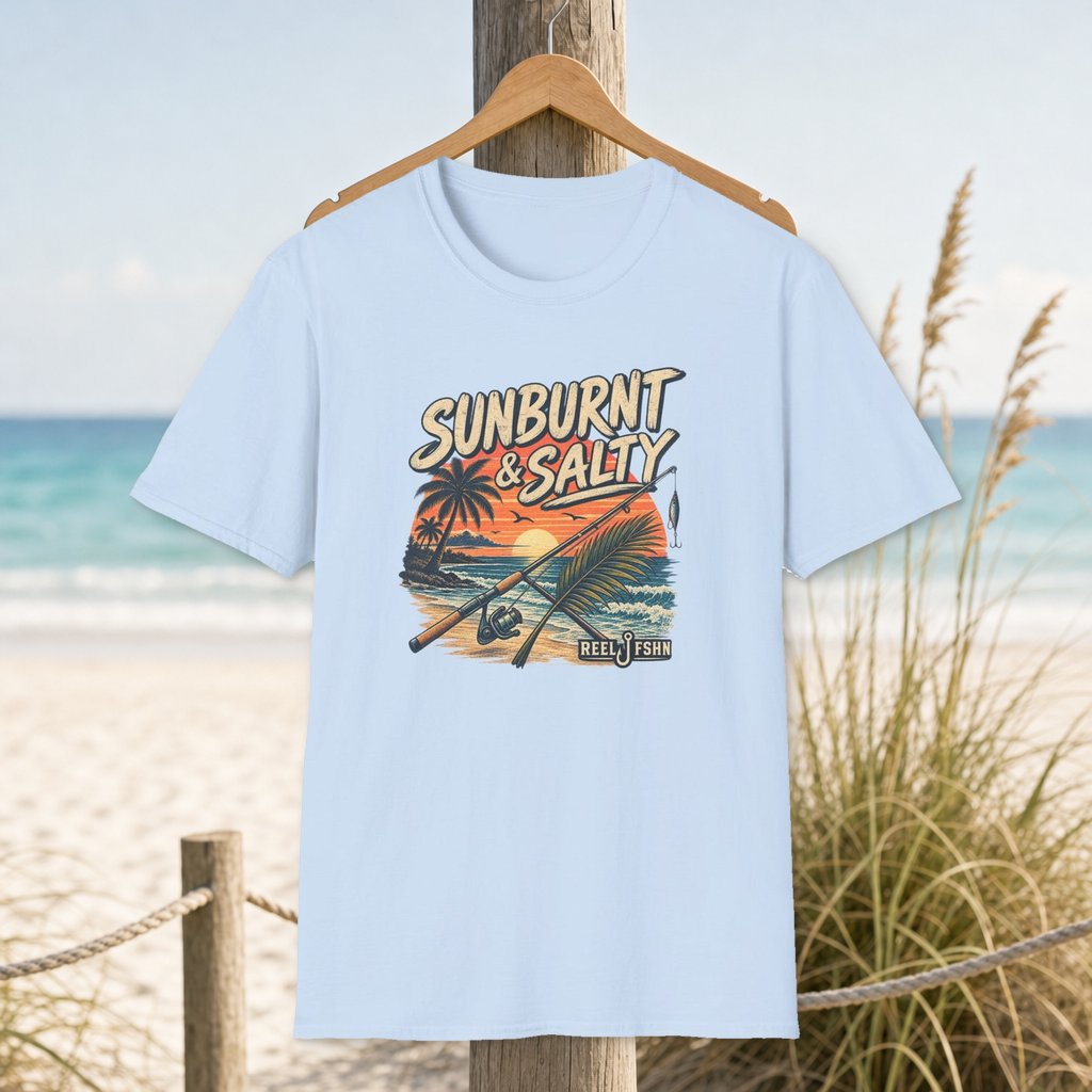 Sunburnt & Salty T-Shirt on a hanger beside a sandy beach and turquoise coastal water