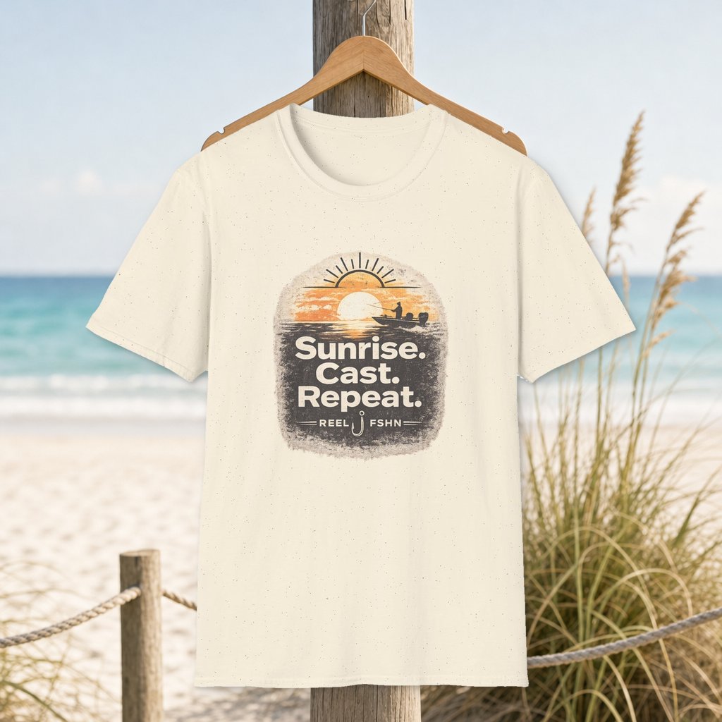 Sunrise. Cast. Repeat. T-Shirt on a hanger beside a sandy beach and turquoise coastal water