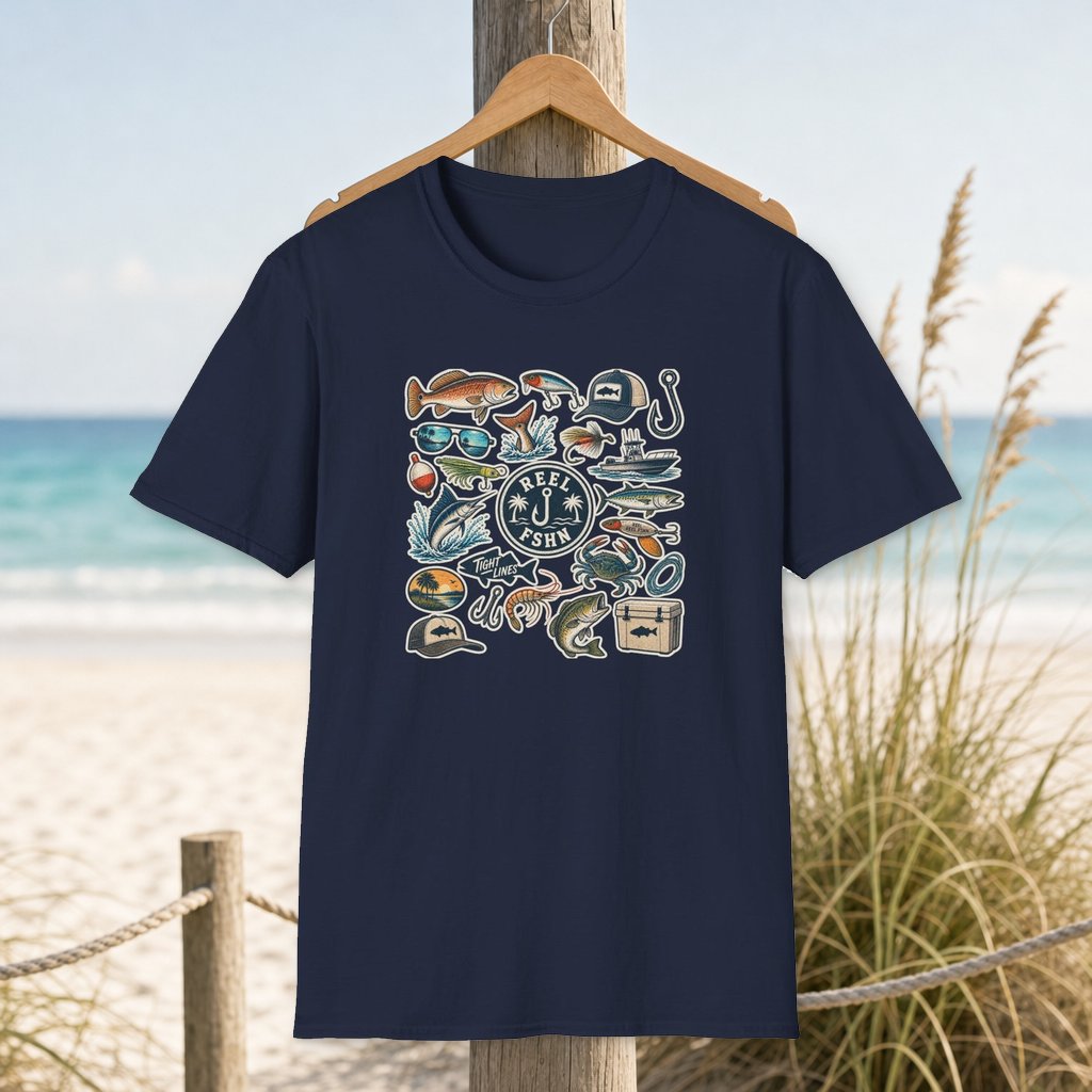 Tackle Box Sticker Sheet T-Shirt on a hanger beside a sandy beach and turquoise coastal water