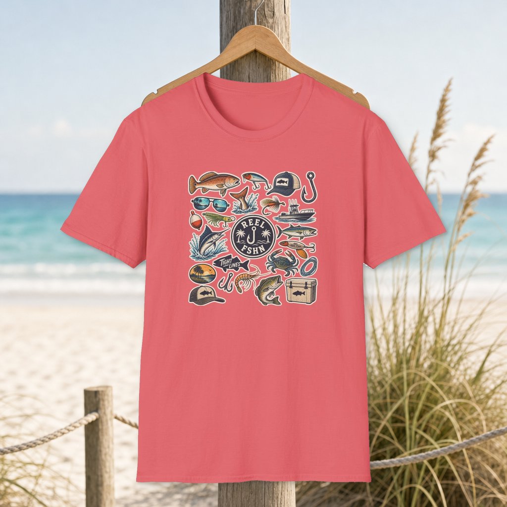 Tackle Box Sticker Sheet T-Shirt on a hanger beside a sandy beach and turquoise coastal water