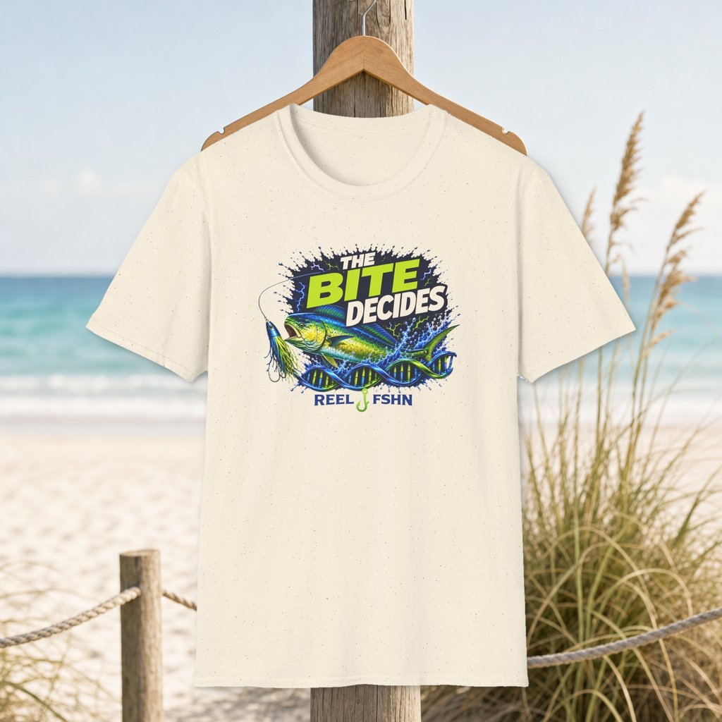 The Bite Decides T-Shirt on a hanger beside a sandy beach and turquoise coastal water