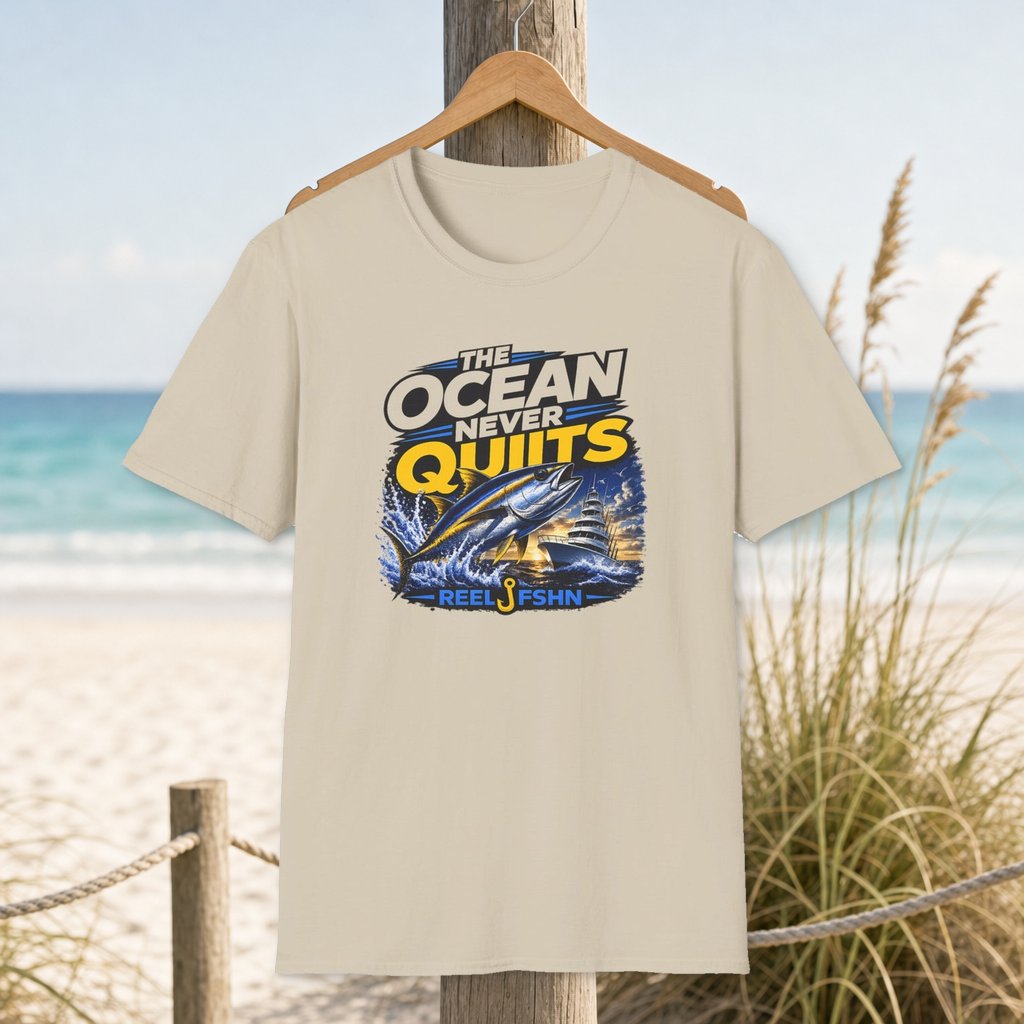 The Ocean Never Quits T-Shirt on a hanger beside a sandy beach and turquoise coastal water