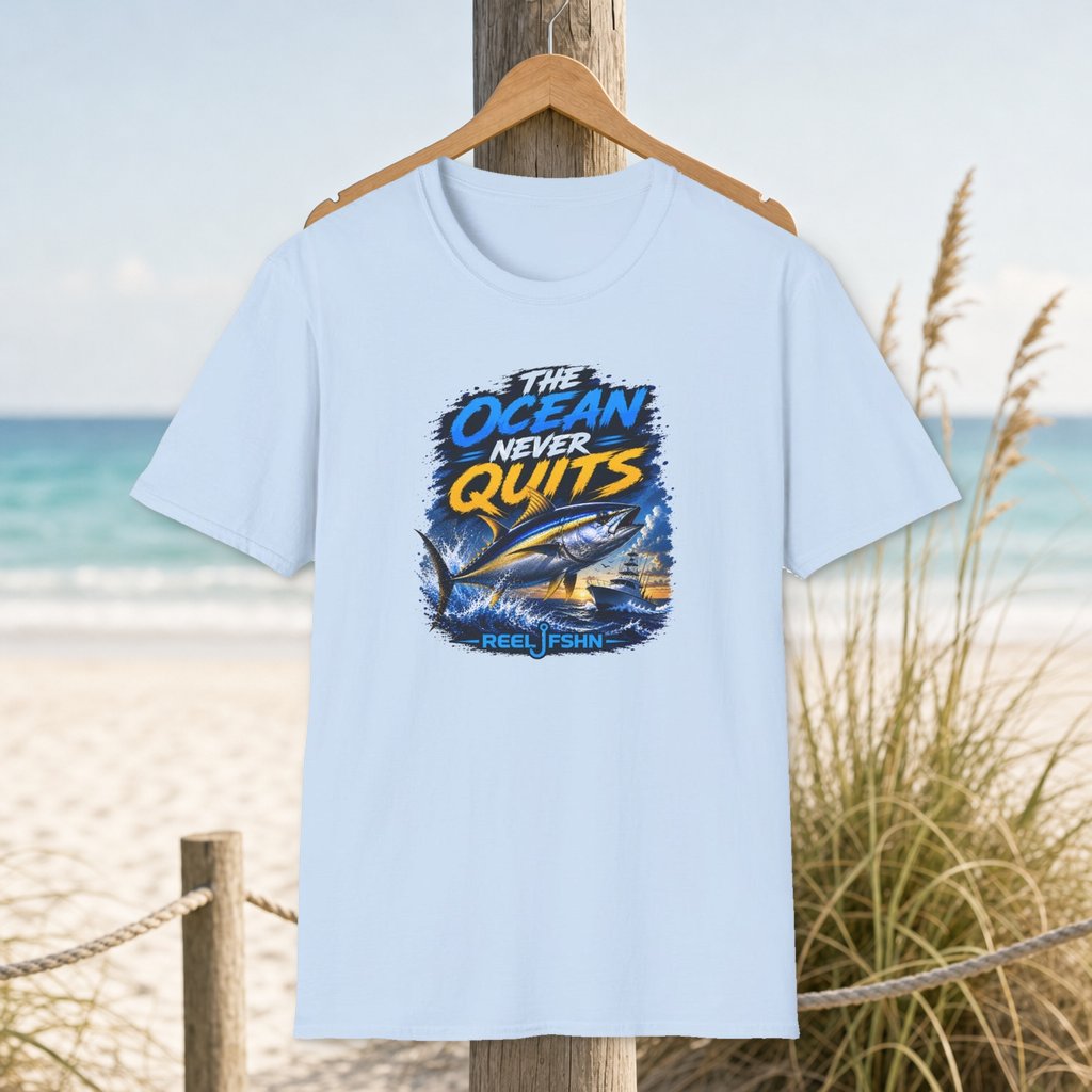 The Ocean Never Quits T-Shirt on a hanger beside a sandy beach and turquoise coastal water