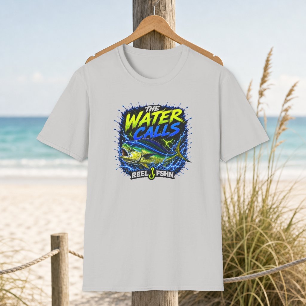 The Water Calls T-Shirt on a hanger beside a sandy beach and turquoise coastal water